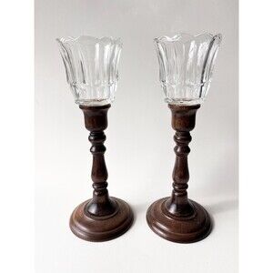 Beautiful 1970s Vintage Wood and Glass Taper or Votive Candlestick Holders